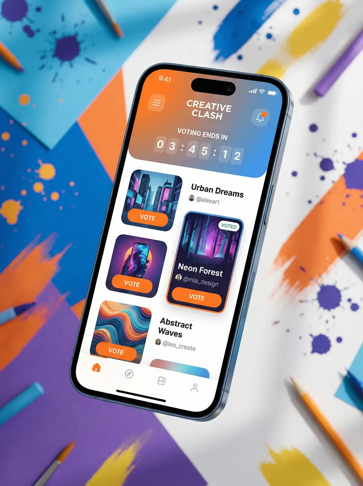 每日大赛 移动端APP界面展示投票和作品浏览功能